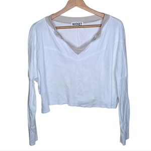 Bucket List | White Cropped Long Sleeve Tee Tan Collar Size Small